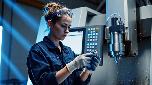 Woman transitioning from traditional stone carving to modern CNC manufacturing. Artisan sculptor transforms into an industrial engineer inspecting a metal part in a factory. 
