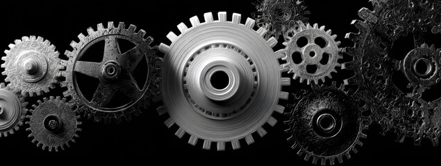 Interlocking gears, monochrome, varying textures, complex, detailed