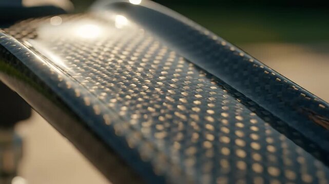 Close-up views reveal the stunning texture of carbon fiber, capturing the gleam in the sunlight. Each frame showcases its intricate patterns and craftsmanship with a vivid background.