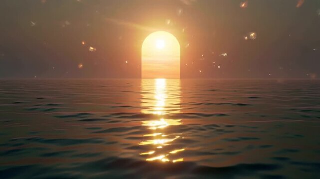 Vibrant sunset over ocean, hyper-realistic reflections, glowing doorway horizon, surreal flying shapes, light flares, cinematic slow camera pan, pastel pink-orange-purple gradient skies, soft waves 4k