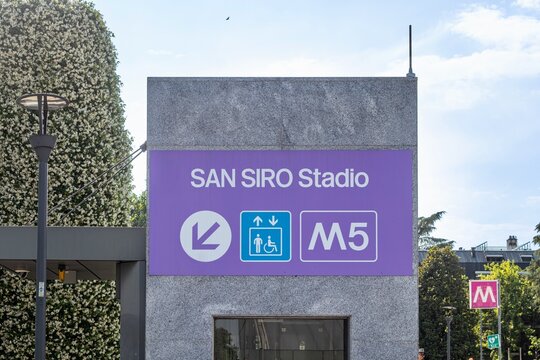 San Siro Stadio sign of the Milan Metro line M5 at the entrance of the metro station