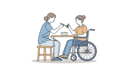 A caregiver is feeding a person in a wheelchair at a table, illustrating care and assistance.