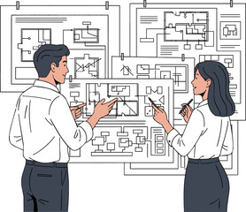 Create a Man and woman standing and looking at large paper drawings and discussing plans vector art with white background.