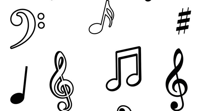 A collection of various musical notation symbols, including clefs, notes, and accidentals, presented in a simple black and white line art style.