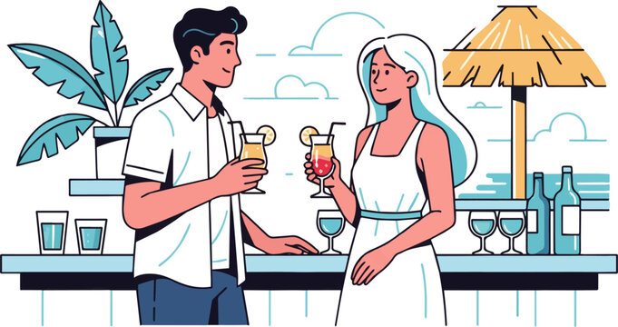 Create a Man and woman standing in a beach bar and drinking cocktails vector art with white background..
