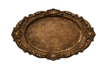 Ornate antique bronze oval frame with rococo swirls and shell details on transparent background, vintage decorative element