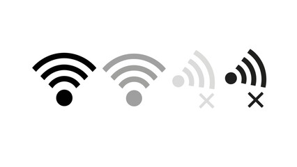 Four distinct Wi-Fi signal strength icons illustrating connection levels from strong to disconnected.