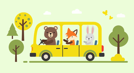 Naklejka premium Adorable cartoon animals driving a yellow car through a scenic landscape design