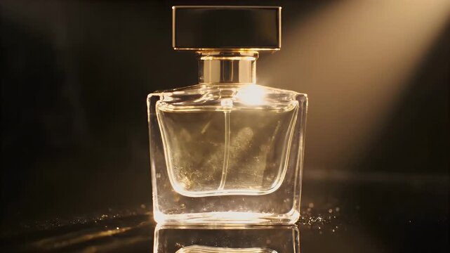 A luxurious perfume bottle stands elegantly on a reflective surface, illuminated by soft light, showcasing its transparent glass and golden cap.