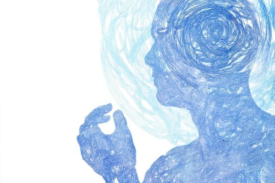 Silhouette meditates inward, Vortex of memories prompts thought, Contemplative figure investigates swirling mental images deeply, Profile of figure examining spiral of reflective thoughts intricately