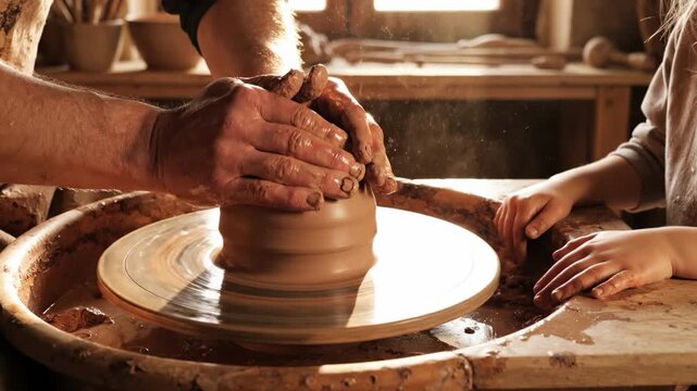 Man and child shaping clay pot on pottery wheel indoors
