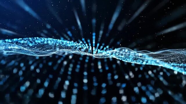 Abstract blue digital wave background with flowing particles and glowing light effects.