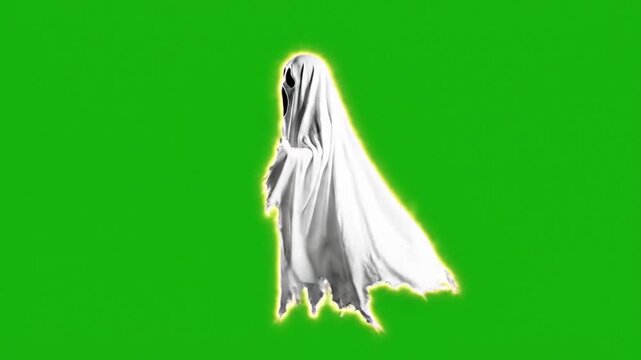 4K animation of a floating ghost spirit roaming hauntingly against a green screen background for spooky yet family-friendly Halloween atmosphere.