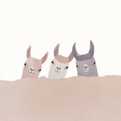 Obraz premium Three smiling llamas peeking over a sandy surface illustration