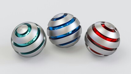 Three Futuristic Metallic Orbs with Translucent Colored Cores
