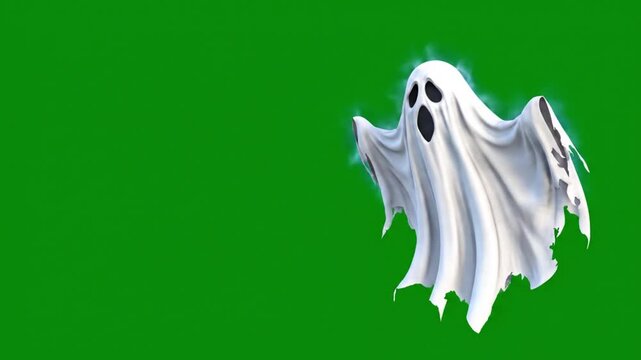 4K animation of a floating ghost spirit roaming hauntingly against a green screen background for spooky yet family-friendly Halloween atmosphere.
