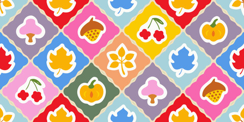A colorful seamless pattern featuring various leaves and fruit motifs