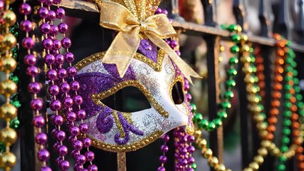 Mardi gras mask with purple and gold decorations on a fence