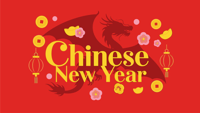 Vibrant digital illustration of a dragon and lanterns celebrating Kuda Chine's Day for Chinese New Year with bold typography and bright red background.
