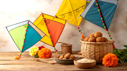 Festival decoration kites flowers and sweets ladoos sesame brittle, makar sankranti background
