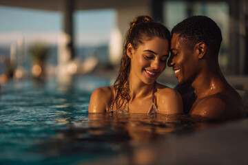 romantic couple relaxing at luxury outdoor spa pool, affectionate couple enjoying serene spa retreat by the pool, luxury wellness escape for couples at outdoor resort spa