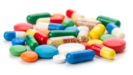 Colorful Assorted Pills and Capsules on White Background