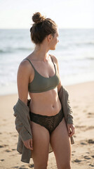 Women in modern lingerie showcase comfort and body confidence on the beach during sunset hours by the ocean waves