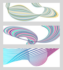 Wavy lines or ribbons. Set of 3 backgrounds. Multicolored striped creative gradient for creating a trendy banner or poster,  vector file.