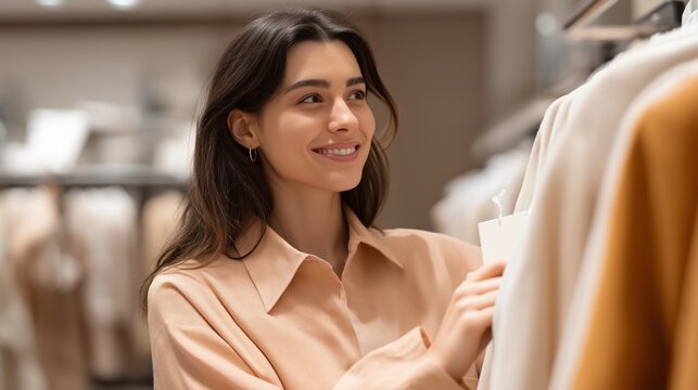 Woman radiates joy as she carefully inspects stylish outfits in an inviting fashion store. Surrounded by beautiful garments, she enjoys the experience of shopping