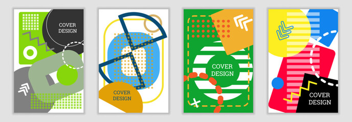 A bright, unusual Memphis-style background. A set of 4 geometric cover designs. Trendy, vibrant covers, banners, posters, and booklets. Vibrant colors. Vector graphics.