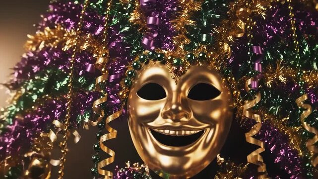 Gold mardi gras mask surrounded by colorful tinsel and decorations