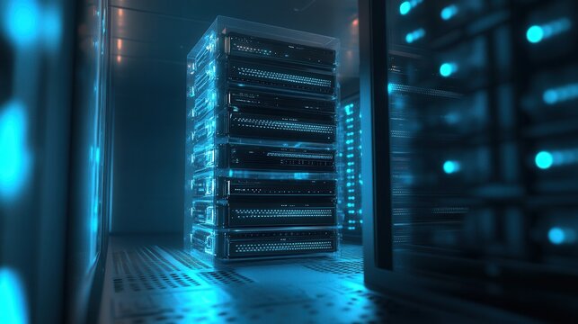 Glowing server rack with copy space, transparent drive stack on left, ambient blue illumination, reflective floor panels, distant cabinet rows, visible cables and fiber conduits, cooling vents and LED