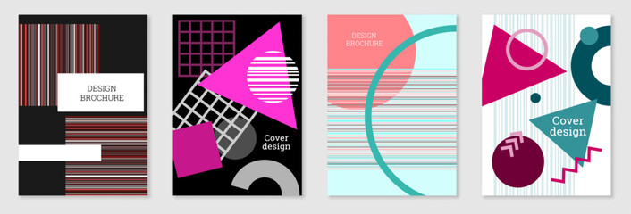 A set of 4 memphis-style covers. Geometric abstract background. Trendy, vibrant covers, banners, posters, and booklets. Creative color scheme.