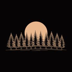 This artistic representation illustrates a serene landscape of evergreen trees silhouetted against a warm sunset, conveying a peaceful connection to nature and tranquility.