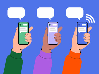 A modern depiction of diverse hands holding smartphones, representing communication and connection through messaging applications in digital society.