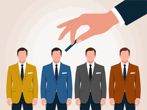 An illustrative scene showcasing a hand selecting a suit from four different colors, symbolizing choice, style, and decision-making in the world of fashion.