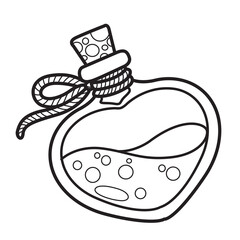 Bottle in the shape of a heart with a love potion and closed with a cork stopper linear drawing isolated on white background