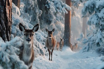 Majestic Deer and Stags in a Snowy Winter Forest at Sunrise