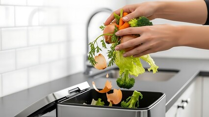 Hands Holding Fresh Vegetables Over Toaster in Modern Kitchen