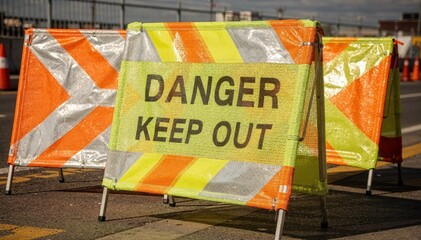 Medium shot displaying highvisibility safety textile panels with reflective elements integrated into outdoor signage designed for maximum attention and hazard warning.