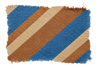 Blue and orange diagonal striped fabric with frayed edges isolated on transparent background
