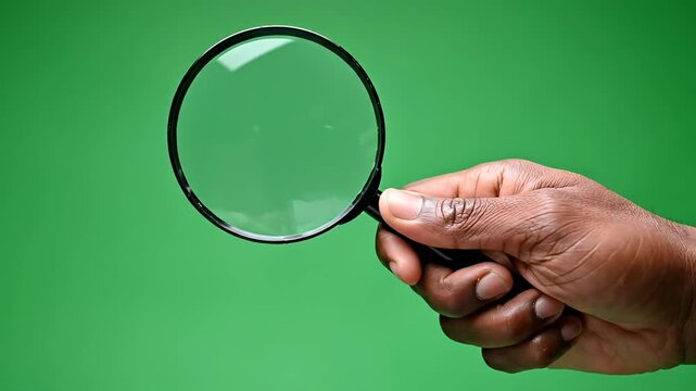 Close-up of Human Hand Holding a Magnifying Glass with Green Background