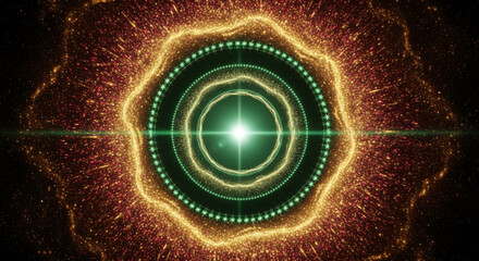 Abstract design of concentric circle with glittering, radiant effect, representing energy, portal, or cosmic event with a central, focused light source
