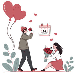 A romantic illustration of a couple celebrating valentine's day with flowers and hearts