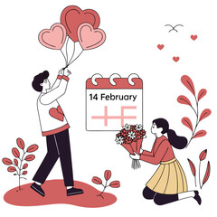 A romantic illustration of a couple celebrating valentine's day with flowers and hearts