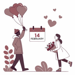 A romantic illustration of a couple celebrating valentine's day with flowers and hearts