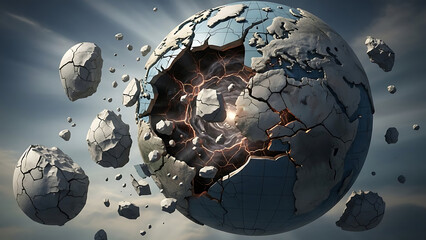 Cracked Earth Sphere Breaking Apart in Space