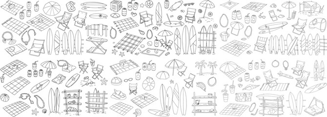 A vibrant collection of summer beach-themed doodles including surfboards, umbrellas, and lounge chairs.