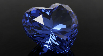 Close-up of faceted sapphire gem in heart shape, on black reflective surface, evoking affection, love, preciousness, perfect for Valentine's Day