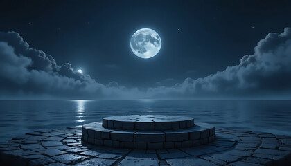 A serene stone platform stands on a tranquil lake under a full moon shining brightly in the night sky.